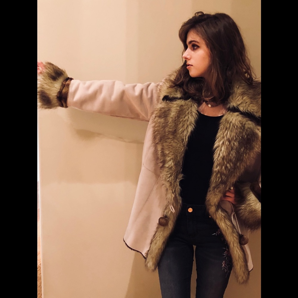 Suede coat with faux fur trim